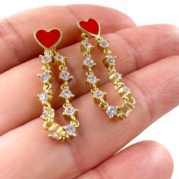Azure Chic Red Heart Dangling Crystal Loop Earrings CZ Crystal - Picture 6 of 8